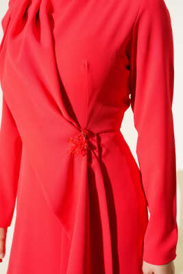 Omuz Pelerinli Elbise Kırmızı - Tesettür Elbise