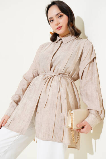 Omuz Pelerinli İp Bağcıklı Gömlek Bej - Gömlek