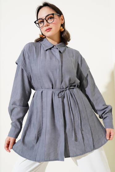 Omuz Pelerinli İp Bağcıklı Gömlek Füme - Gömlek