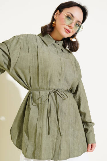 Omuz Pelerinli İp Bağcıklı Gömlek Haki - Gömlek