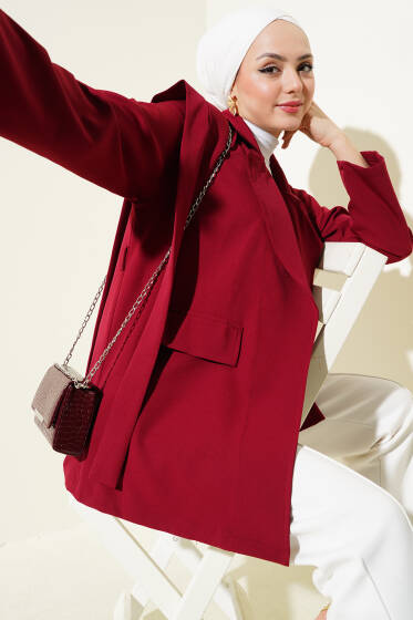 Omuz Pelerinli İp Kuşaklı Ceket Bordo - Ceket