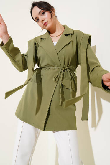 Omuz Pelerinli İp Kuşaklı Ceket Haki - Ceket