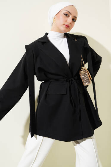Omuz Pelerinli İp Kuşaklı Ceket Siyah - Ceket