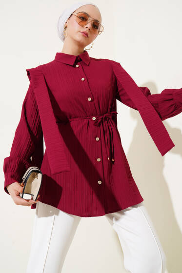 Omuz Pelerinli İp Kuşaklı Gömlek Bordo - Gömlek