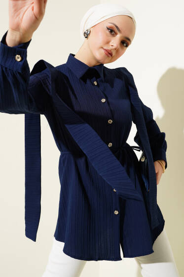 Omuz Pelerinli İp Kuşaklı Gömlek Lacivert - Gömlek