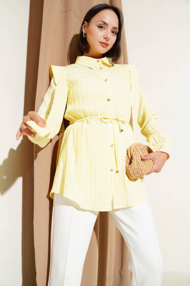 Omuz Pelerinli İp Kuşaklı Gömlek Sarı - Gömlek