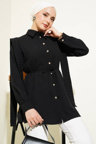 Omuz Pelerinli İp Kuşaklı Gömlek Siyah - Gömlek