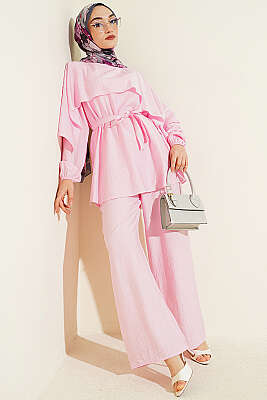 Omuz Pelerinli Kuşaklı İkili Takım Pembe - NEVA MODA