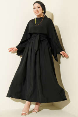 Omuz Pelerinli Kuşaklı Modal Elbise Antrasit - DENİZ LIFE