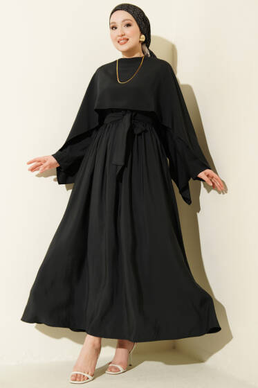 Omuz Pelerinli Kuşaklı Modal Elbise Antrasit - Elbise