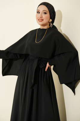 Omuz Pelerinli Kuşaklı Modal Elbise Antrasit - Elbise