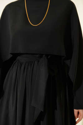 Omuz Pelerinli Kuşaklı Modal Elbise Antrasit - Elbise