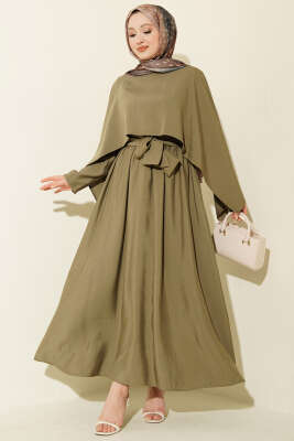 Omuz Pelerinli Kuşaklı Modal Elbise Çağla Yeşili - DENİZ LIFE