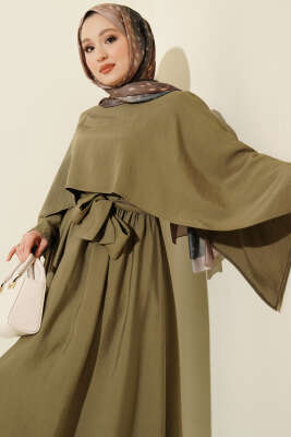 Omuz Pelerinli Kuşaklı Modal Elbise Çağla Yeşili - Elbise