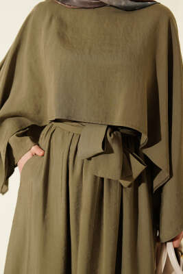 Omuz Pelerinli Kuşaklı Modal Elbise Çağla Yeşili - Elbise
