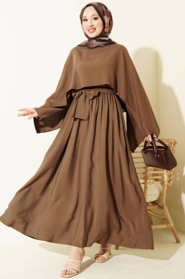 Omuz Pelerinli Kuşaklı Modal Elbise Kahve - Elbise