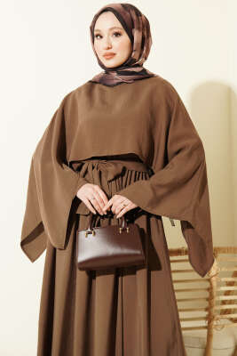 Omuz Pelerinli Kuşaklı Modal Elbise Kahve - Elbise