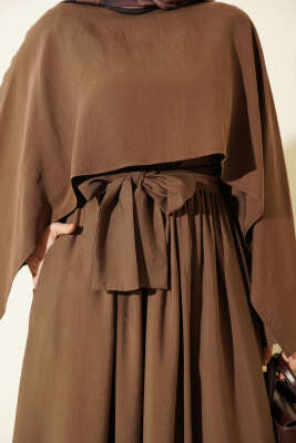 Omuz Pelerinli Kuşaklı Modal Elbise Kahve - Elbise