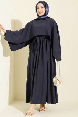 Omuz Pelerinli Kuşaklı Modal Elbise Lacivert - DENİZ LIFE