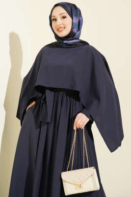 Omuz Pelerinli Kuşaklı Modal Elbise Lacivert - Elbise