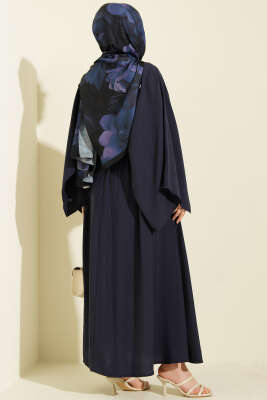 Omuz Pelerinli Kuşaklı Modal Elbise Lacivert - Elbise