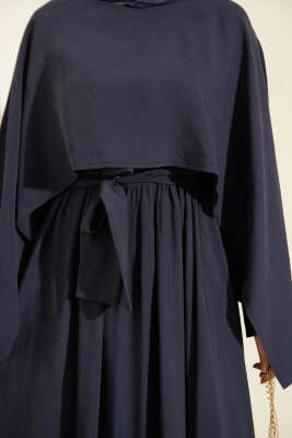 Omuz Pelerinli Kuşaklı Modal Elbise Lacivert - Elbise