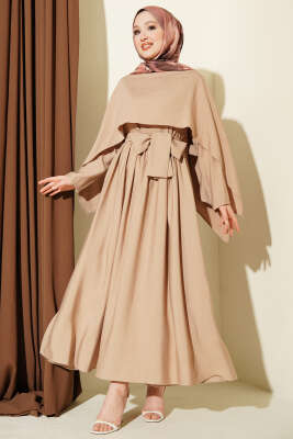 Omuz Pelerinli Kuşaklı Modal Elbise Latte - DENİZ LIFE