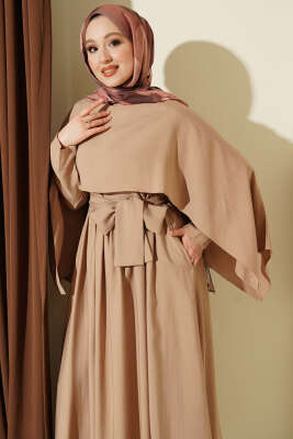 Omuz Pelerinli Kuşaklı Modal Elbise Latte - Elbise