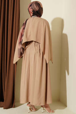 Omuz Pelerinli Kuşaklı Modal Elbise Latte - Elbise