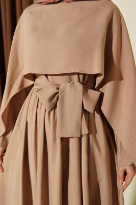 Omuz Pelerinli Kuşaklı Modal Elbise Latte - Elbise