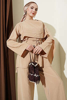 Omuz Pelerinli Modal İkili Takım Kum Bej - İkili Takım