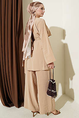 Omuz Pelerinli Modal İkili Takım Kum Bej - İkili Takım