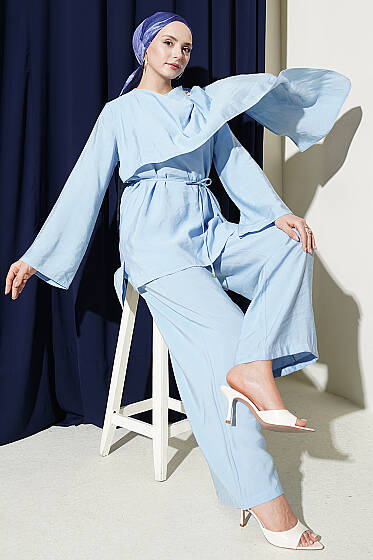 Omuz Pelerinli Modal İkili Takım Mavi - İkili Takım