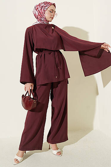 Omuz Pelerinli Modal İkili Takım Mürdüm - İkili Takım