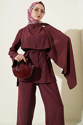 Omuz Pelerinli Modal İkili Takım Mürdüm - İkili Takım