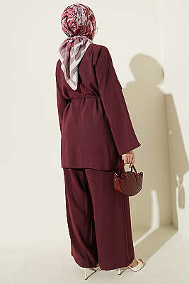 Omuz Pelerinli Modal İkili Takım Mürdüm - İkili Takım