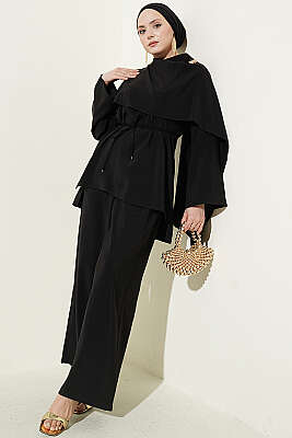 Omuz Pelerinli Modal İkili Takım Siyah - BERAT TEKSTİL