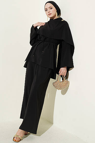 Omuz Pelerinli Modal İkili Takım Siyah - İkili Takım