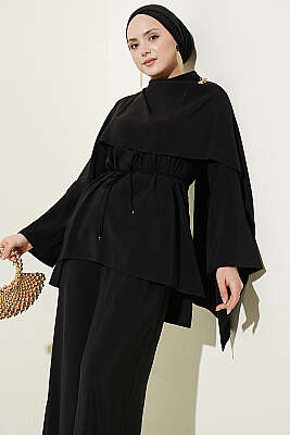 Omuz Pelerinli Modal İkili Takım Siyah - İkili Takım