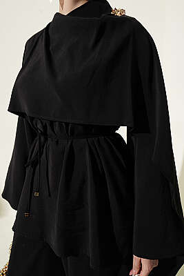 Omuz Pelerinli Modal İkili Takım Siyah - İkili Takım