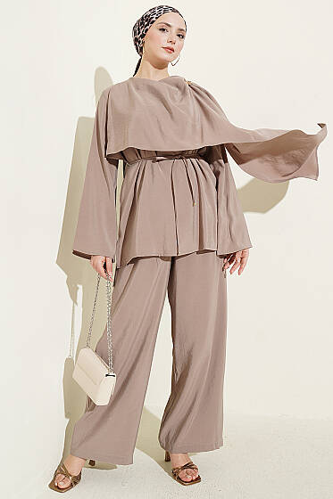 Omuz Pelerinli Modal İkili Takım Vizon - İkili Takım