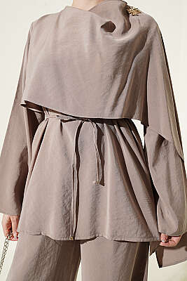 Omuz Pelerinli Modal İkili Takım Vizon - İkili Takım