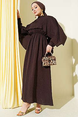 Omuz Pelerinli Pul Detaylı Elbise Acı Kahve - ASME