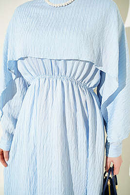 Omuz Pelerinli Pul Detaylı Elbise Bebe Mavi - Elbise