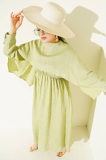 Omuz Pelerinli Pul Detaylı Elbise Çağla Yeşili - Elbise