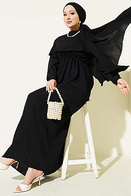 Omuz Pelerinli Pul Detaylı Elbise Siyah - ASME