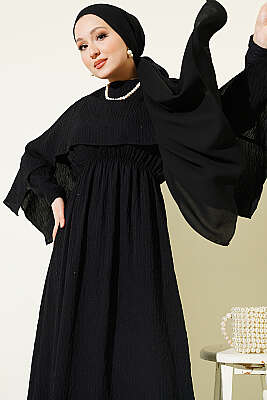 Omuz Pelerinli Pul Detaylı Elbise Siyah - Elbise