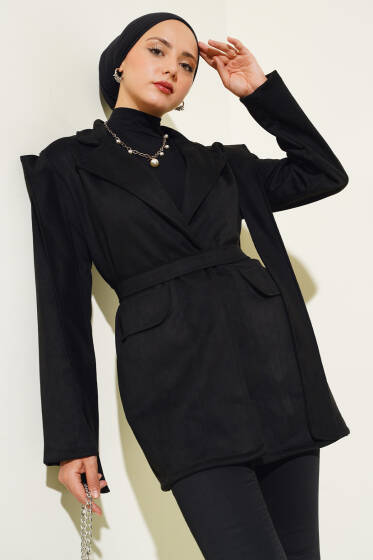 Omuz Pelerinli Süet Ceket Siyah - Ceket