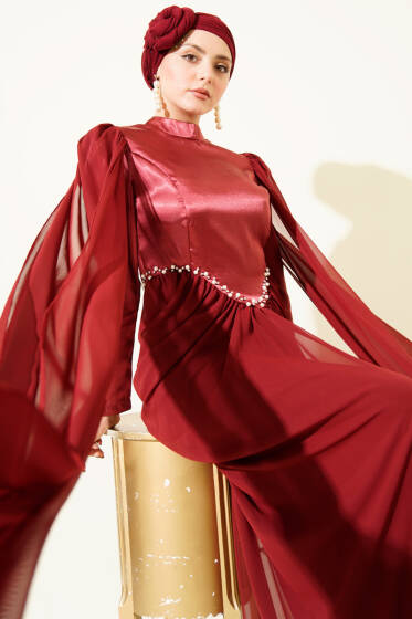 Omuz Pelerinli Taş Detaylı Abiye Elbise Bordo - Elbise