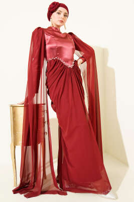 Omuz Pelerinli Taş Detaylı Abiye Elbise Bordo - Elbise